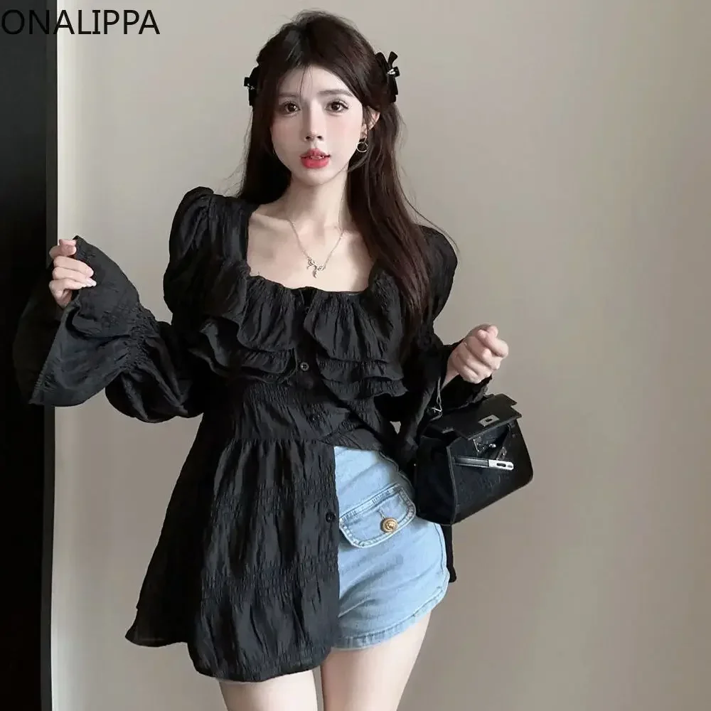 Onalippa Ruffles Flare Long Sleeves Chiffon Shirts Square Collar Single Breasted Sunscreen Shirt French Style Solid Color Blouse