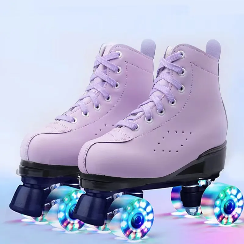 Pink purple women kids double row roller skates pink purple leather breathable 4 wheel sliding skating sneakers size 31 32 33 34