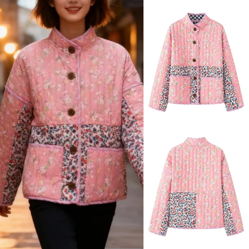 

2025 Fall/Winter New Fashionable Elegant Party Dress Belted Versatile Double-sided Wear Plaid Floral Printed Unique Cotton Jacke