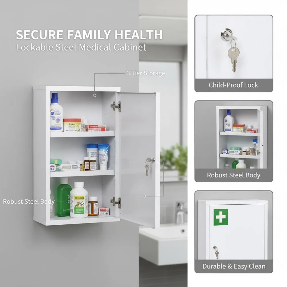 Medizinschrank, 3 Fächer, abschließbare Tür, stabiles Stahlgehäuse, weiß, 40 x 15 x 53,5 cm