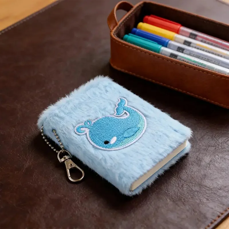 1PC Cute Plush Mini Pocket Notebook with Keychain Cartoon Decor Small Journal Notepad Portable Writing Memo Pad