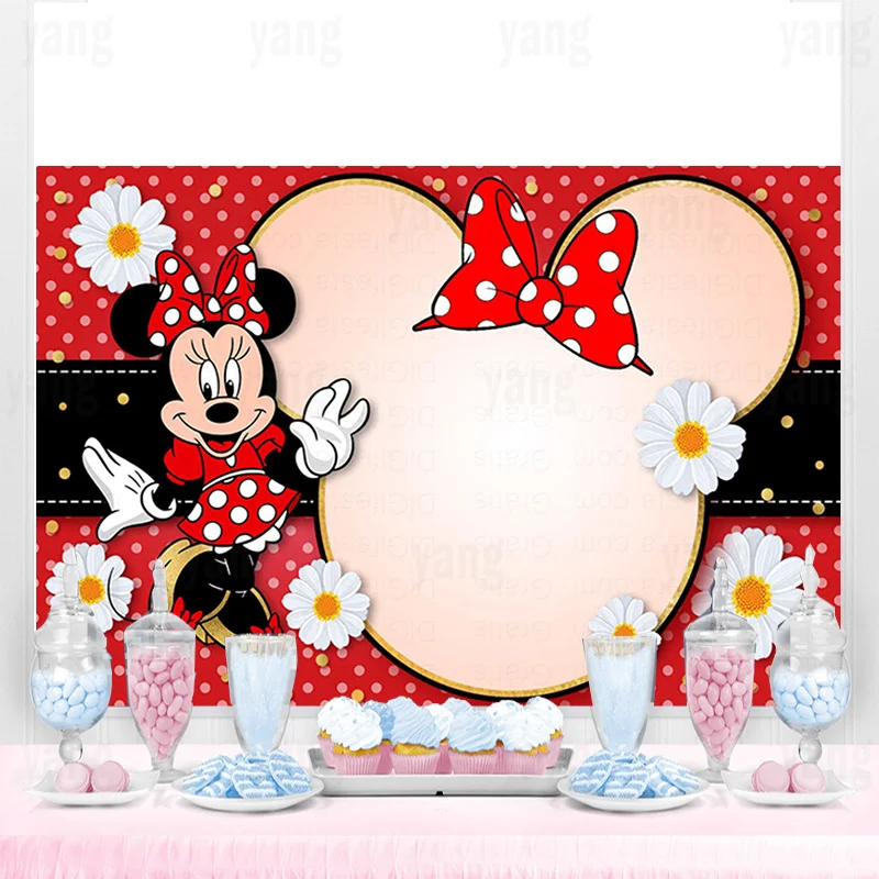 Disney Red Minnie Mickey Mouse Flower Backdrop Photography Birthday Background Party Supplies BornBaby Boys Girls Decoration