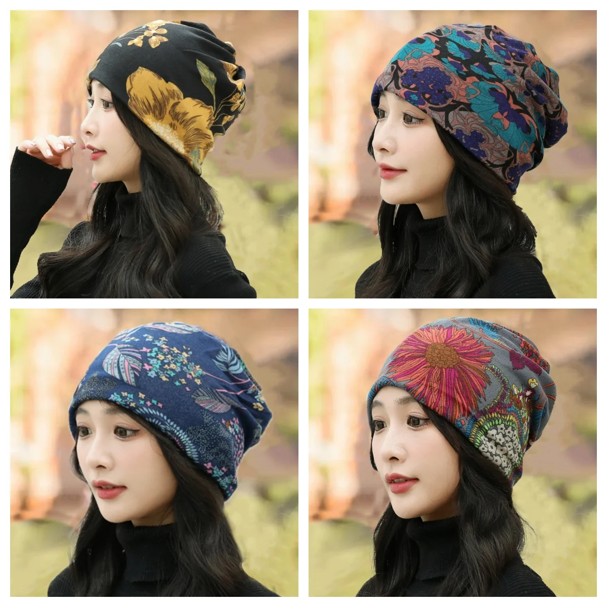 

Модные винтажные шапки-бини с цветочным принтом для женщин, весенне-осенние шапки-пуловеры, шарфы, повязки на голову, теплые капюшоны для девочек, повседневные уличные шапки-бини