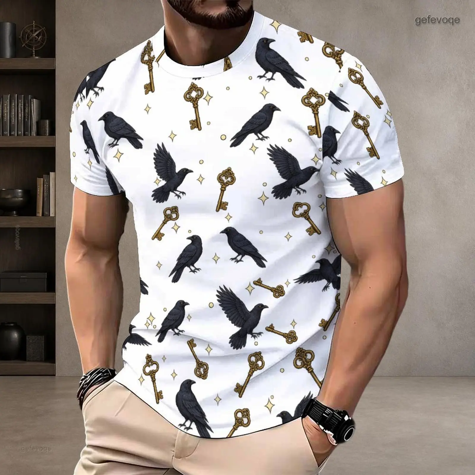 Men Round Neck Short Sleeve T-Shirt Printed Owl Vintage Book Candle Leaf Pattern White Tee
