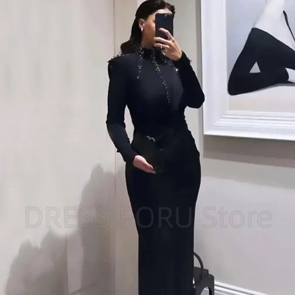 Elegant High Neck Muslim Evening Dress Long Sleeves Sheath Floor Length with Beading Saudi Pleat Women Custom Made Party Gowns