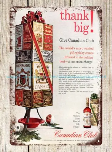 vintage brew pub signs 1962 Canadian Club Whisky Christmas ads tin sign