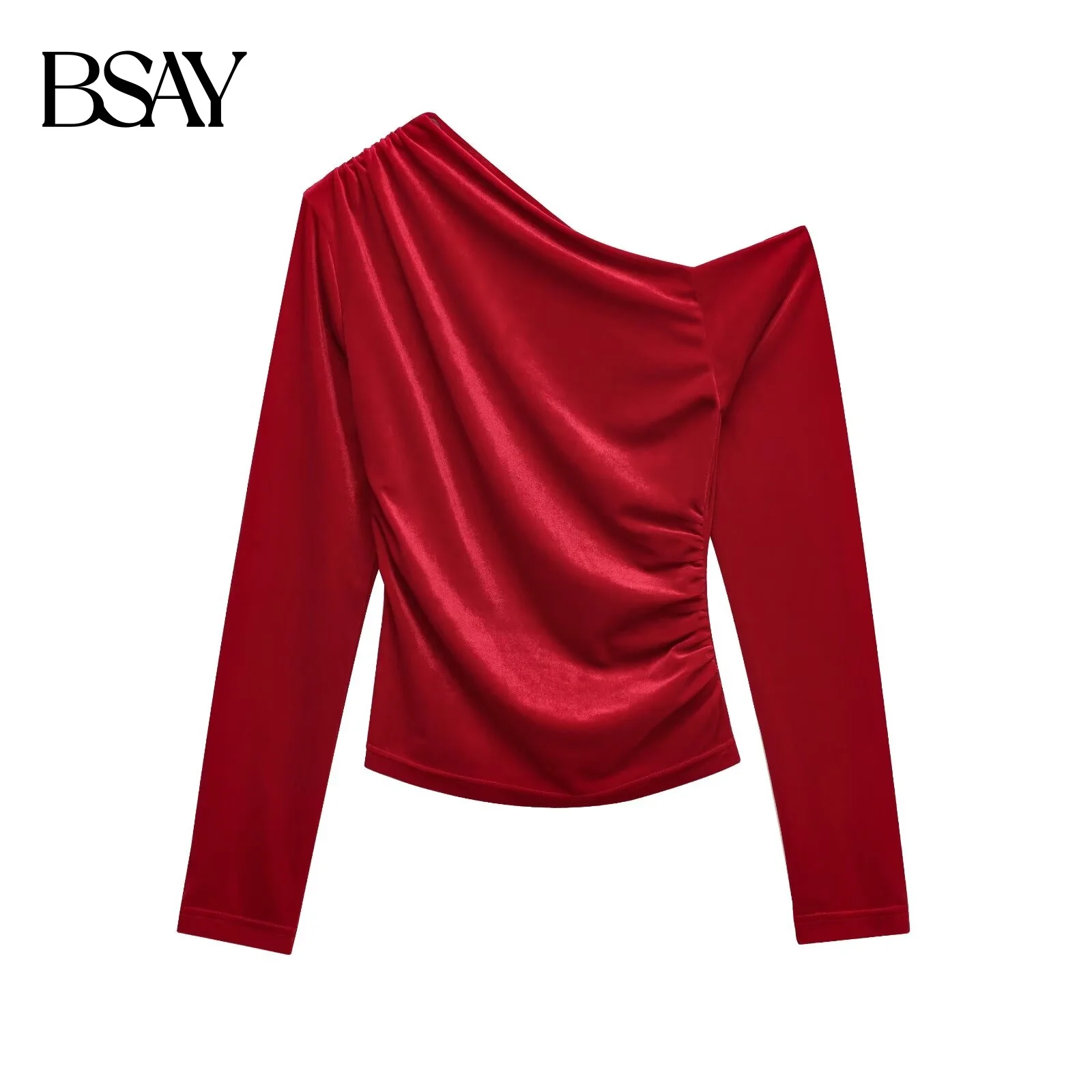 BSAY 레드 비대칭 벨벳 탑 여성 가을 ​​겨울 새로운 슬림 플리츠 파티 블라우스 스트리트 의류 셔츠 세련된 숙녀상의