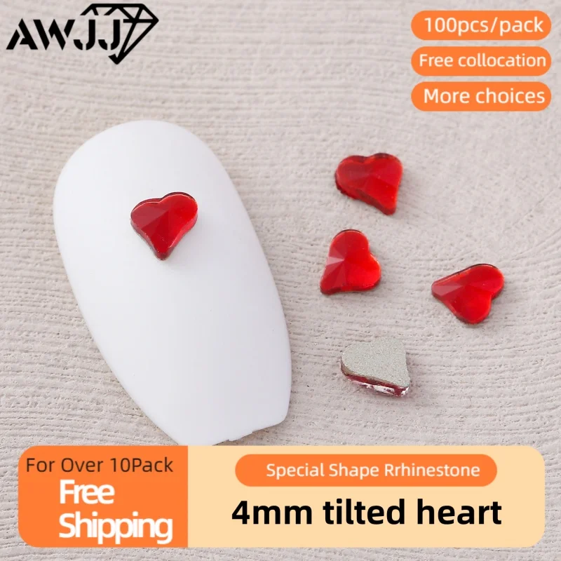 100pcs/pack 4mm Tilted Heart-Shaped Nail Drill Gems Designs Precision Cutting Flat bottom Self-Adhesive Nail Art Rhinestone