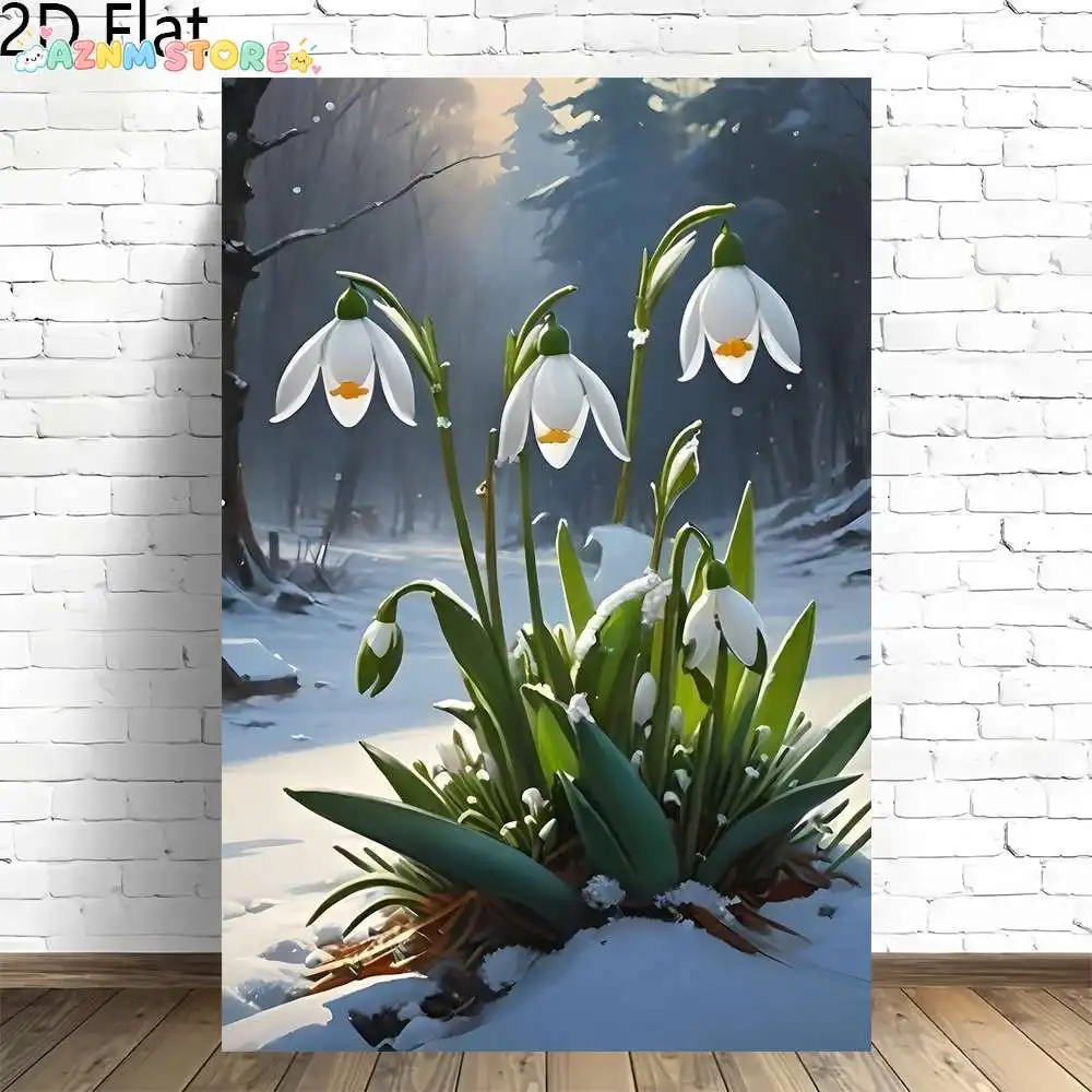2027,2D Flat, 2D Flat, Frameless Canvas Wall Art Featuring a Single Snowdrop Flower Illuminated by Winter Sunlight, Showcasin