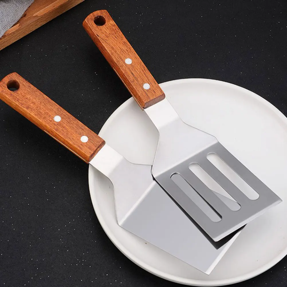 

2pcs Wooden Handle Stainless Steel Frying Spatula Set Curved Oil Drain Cooking Tool For Home Restaurant Kitchen
