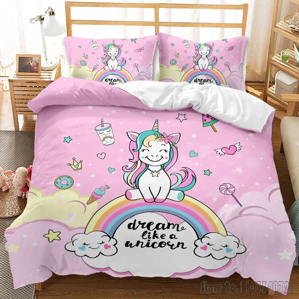 Hot Sale Cartoon Unicorn Kids Girls Pink 3D Duvet Cover Set HD Comforter Cover for Kids Bedding Sets Bedclothes Bedroom Decor