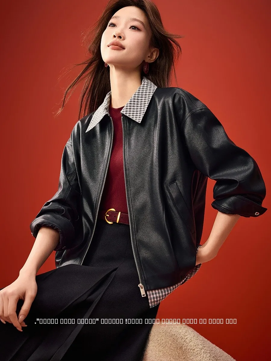 Jaqueta de Couro Cool Sle Ort para Mulheres, Pulôver Solto com Ombros Caídos, Moda Primavera 2026