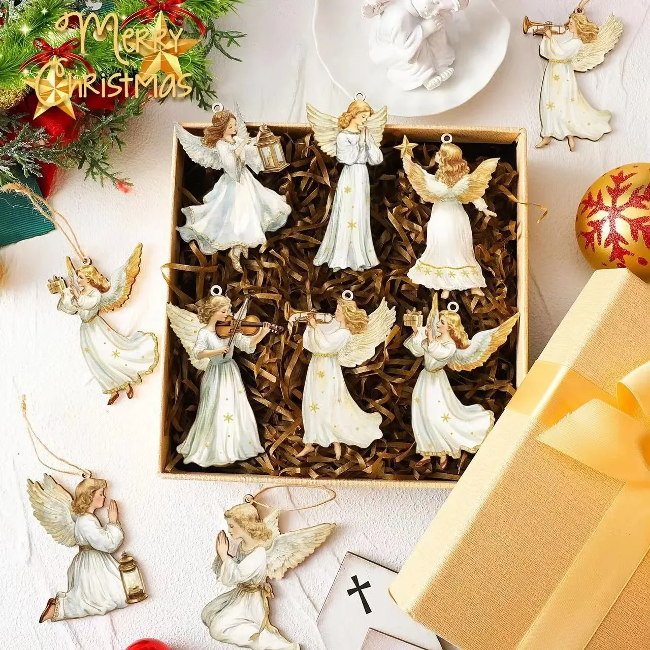 

Christmas Retro Angel Girl Wooden Flat Pendants Xmas Tree Hanging Ornaments Noel Gift Merry Christmas Decor Happy New Year 2026