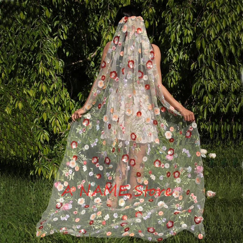 

Luxury Sequins Embroidered Floral Bridal Wedding Veils With Comb Single Layers Colorful WildFlowers Starry Caathedral Long New