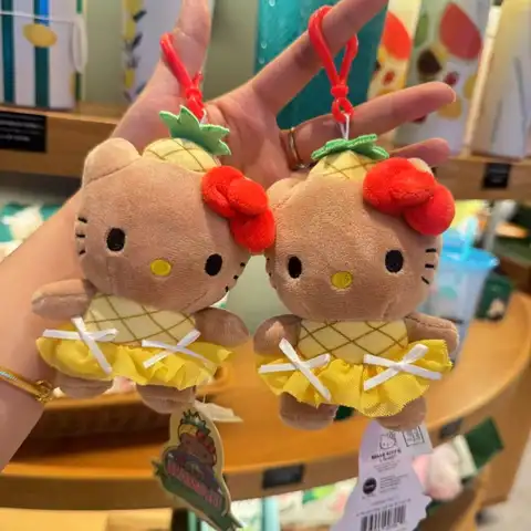 Sanrio 하와이안 블랙 스킨 헬로 키티 파인애플 시리즈 수영 반지 인형 펜던트 열쇠 고리 귀여운 키티 고양이 펜던트 액세서리
