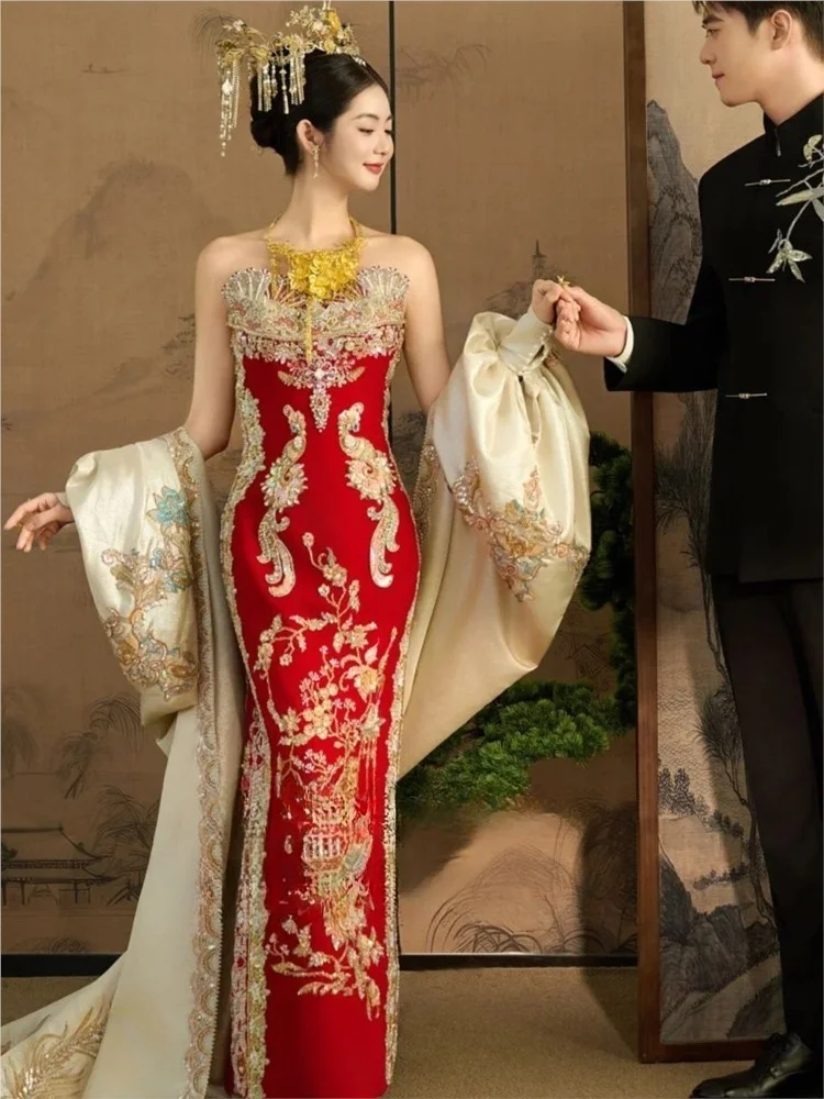 New Chinese-style wedding dress for the engagement and toasting strapless