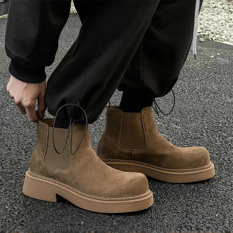 England style mens casual party banquet chelsea boots slip-on cow suede leather shoes cowboy platform boot big toe ankle botas
