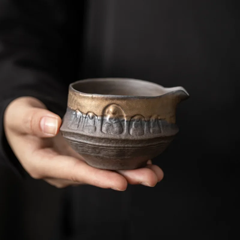 180ml Handamde Gilded Iron Glazed Buddha Tea Pitcher Ancient Early Burnt Coarse Chahai Justice Cup Kung Fu Teaware Gift Supplies