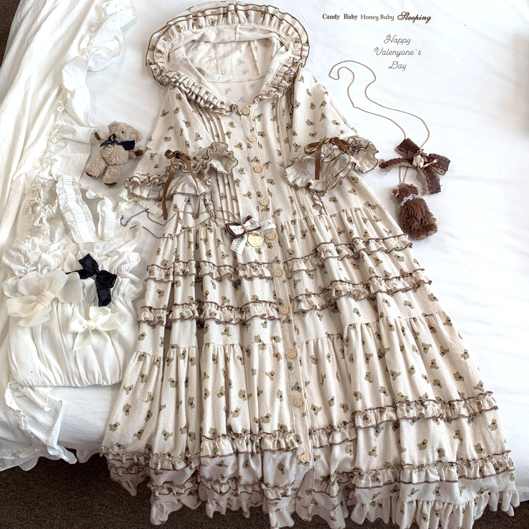 Japanese Style Mori Cute Bear Printed Lace-up Bow Layered Hood Flare Sleeve High Waist A-line Single-Breasted Sweet Dress Women