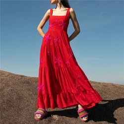 Flower Print New Casual Sleeveless A-Line Long Dress Women's Casual Loose Embroidery Dress Swing Bohemian Retro Dresses