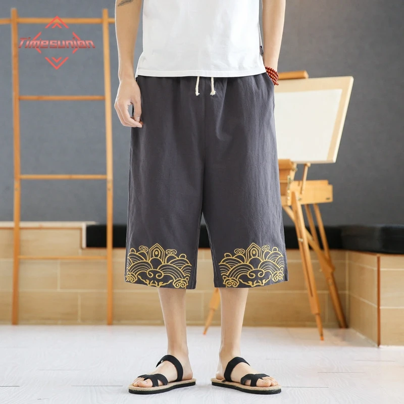 

Summer Shorts Man Chinese-style Embroidered Ancient-style Basketball Shorts 100% Cotton Cropped Trousers