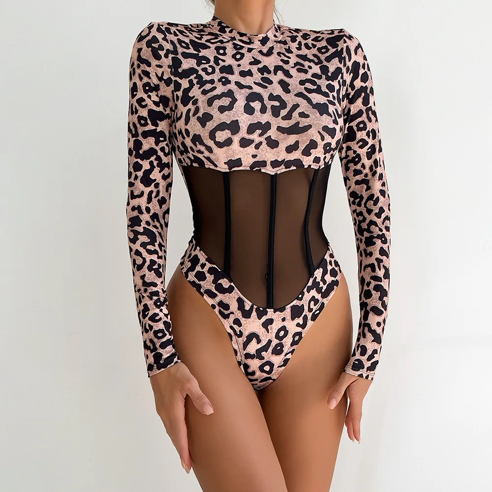 Bodysuit Ladies\' wild and sexy transparent mesh shaping long sleeved leopard print outfit sexy lingеrie set Women\'s pajamas xxx