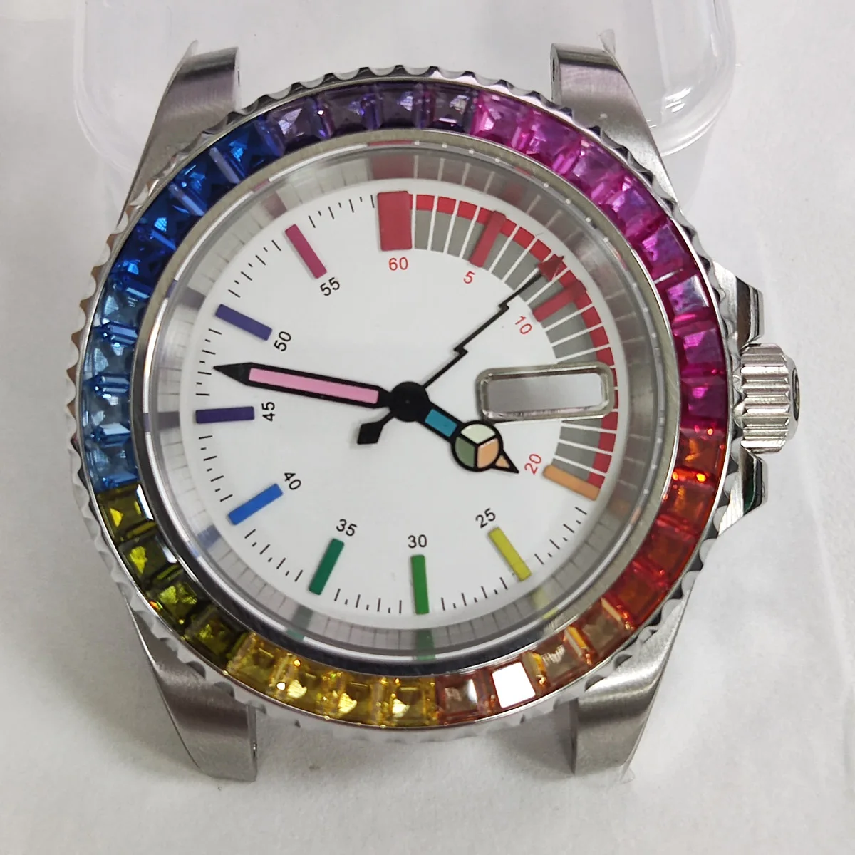 40mm nh35 caso homens relógio rainbow mostrador do relógio Novo logotipo personalizado caixa do relógio de mergulho assistir Vidro De Safira nh36 nh36 dial movimento nh36