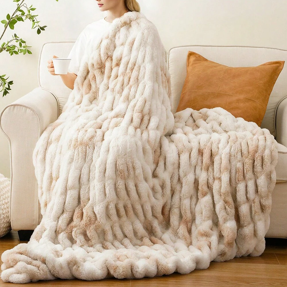 Battilo Ruched Rabbit Fur Throw Blanket Thick Warm Faux Fur Throws for Winter Soft Fluffy Beige Blanket for Home Decor