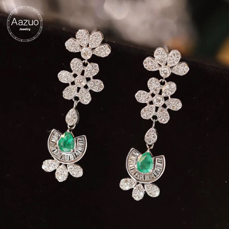 

Aazuo Real 18K Pure White Gold Natural Emerald Real Diamonds Flower Long Drop Earrings gifted for Women Engagement Wedding Party