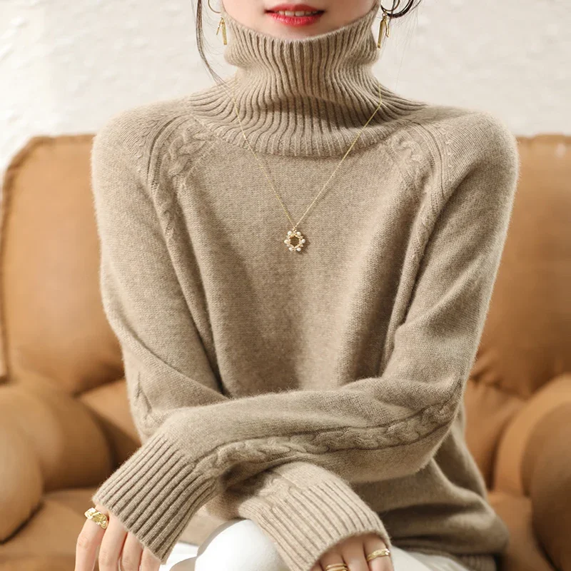 

100% Pure Australian Wool Knitted Pullovers Women Jumpers Soft&Warm Long Turtleneck Sweaters for Female Winter Clothes A301