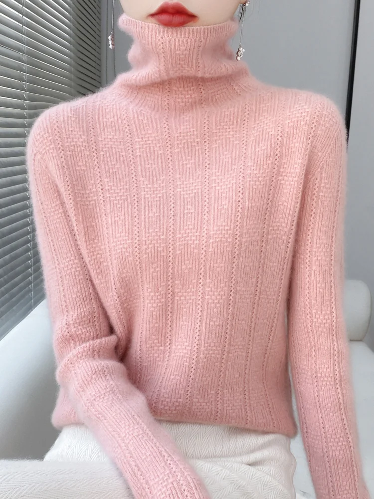 

Spring Autumn Turtleneck Lattice Solid Color Pullover 100% Merino Wool Women Sweater Long Sleeved Higt-Quality Soft Casual Tops