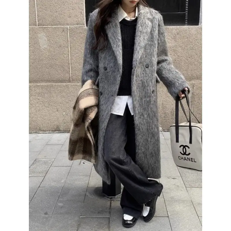 

2023 new long-haired mohair premium gray coat women's autumn and winter thickened medium and long woolen blazer