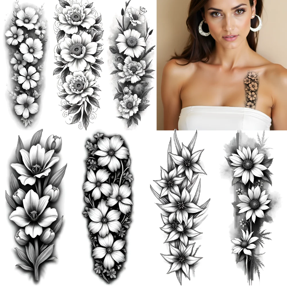 

3pcs Temporary Tattoo Floral Tattoos Black And Grey Realism Flower Designs Realistic Temporary Tattoos For Male Shoulders