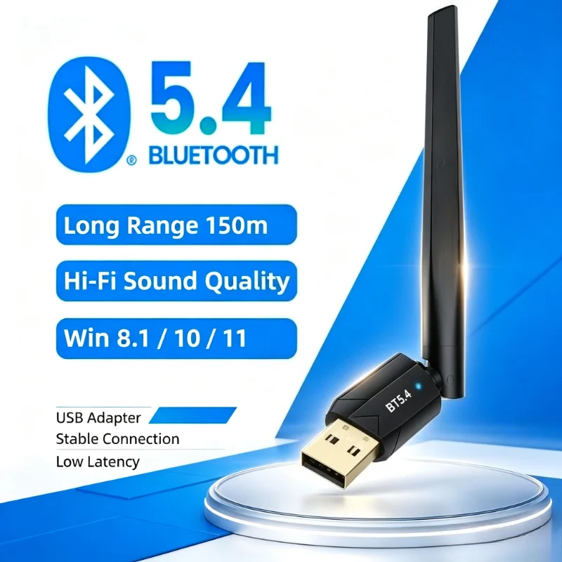USB Bluetooth-compatible 5.4 Adapter with Antenna 150m Long Range HiFi Audio Dongle for PC Laptop Desktop Win8.1 Win10 Win11
