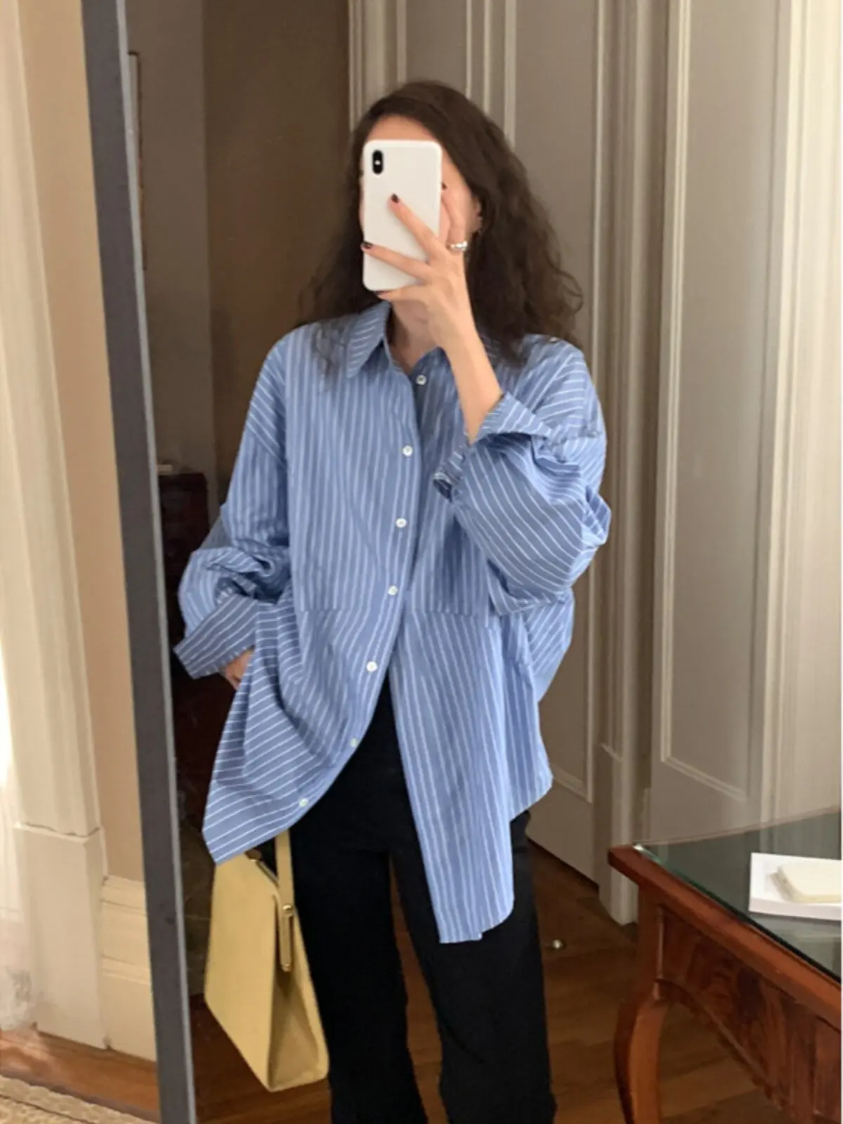 Early Spring Long Sleeve Blue Striped Shirt Jacket Women's American Retro Casual Layered Top Cotton Loose Fit Button up