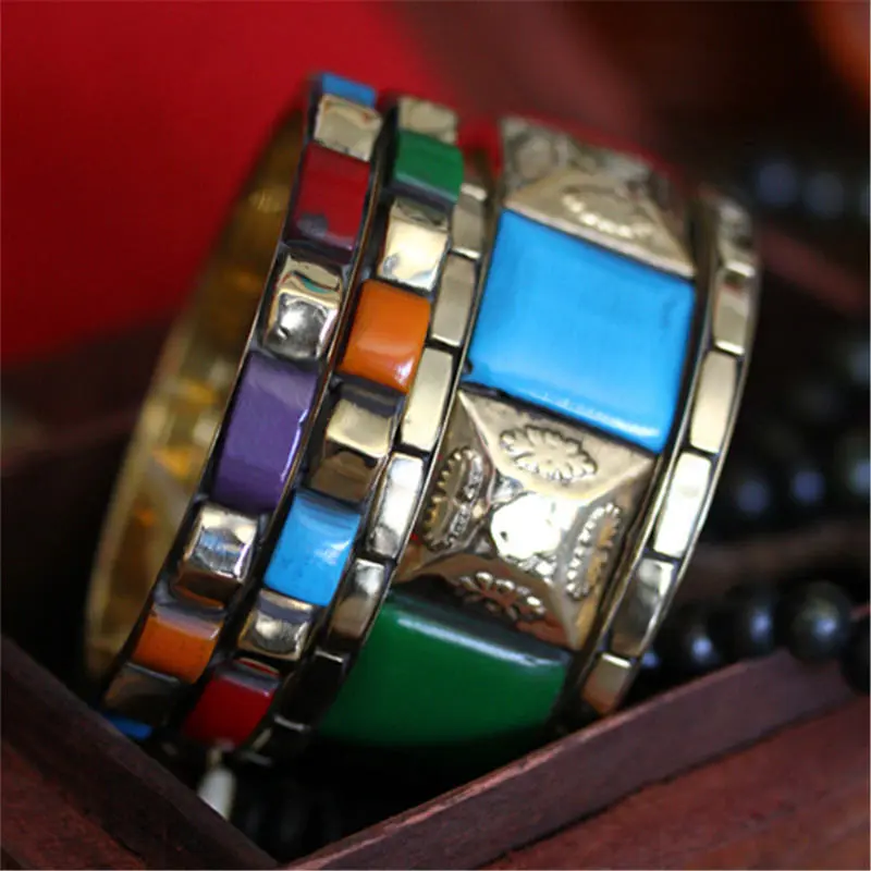 2024 Fashion BOHO Metal Brass 5PCS Sets Bangle Inlaid Candy Resin Cuff Multi Colors BB-016