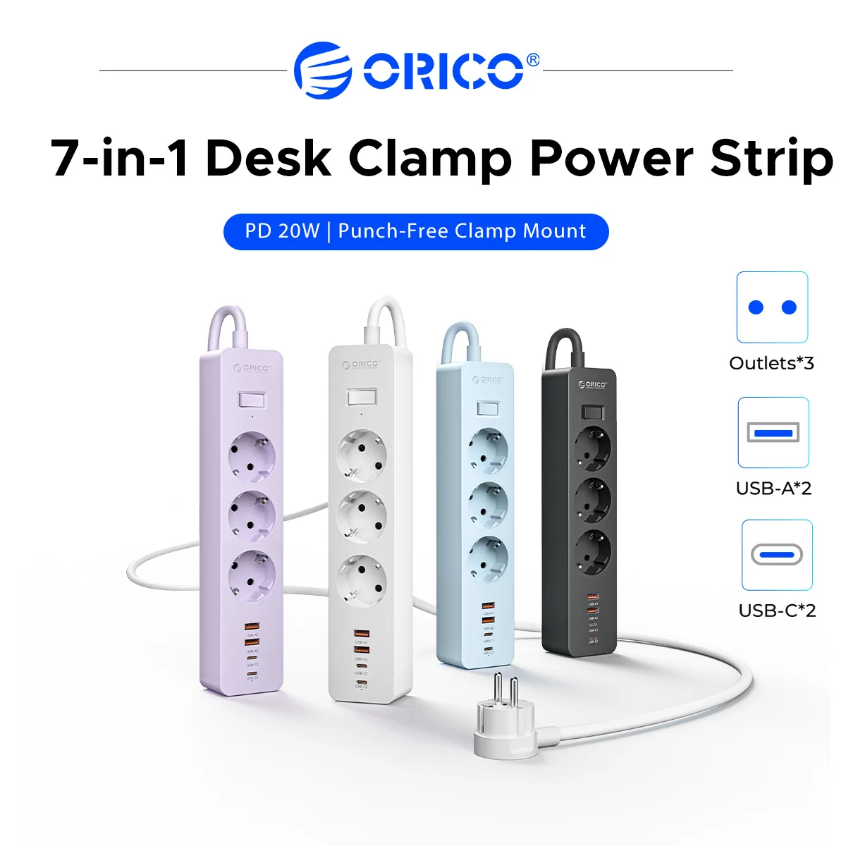 ORICO Desk Clamp Power Strip EU Socket, 7-in-1 Charging Station PD 20W USB C Fast Charger, 3 Schuko Outlets 2500W, Table Edge Mo