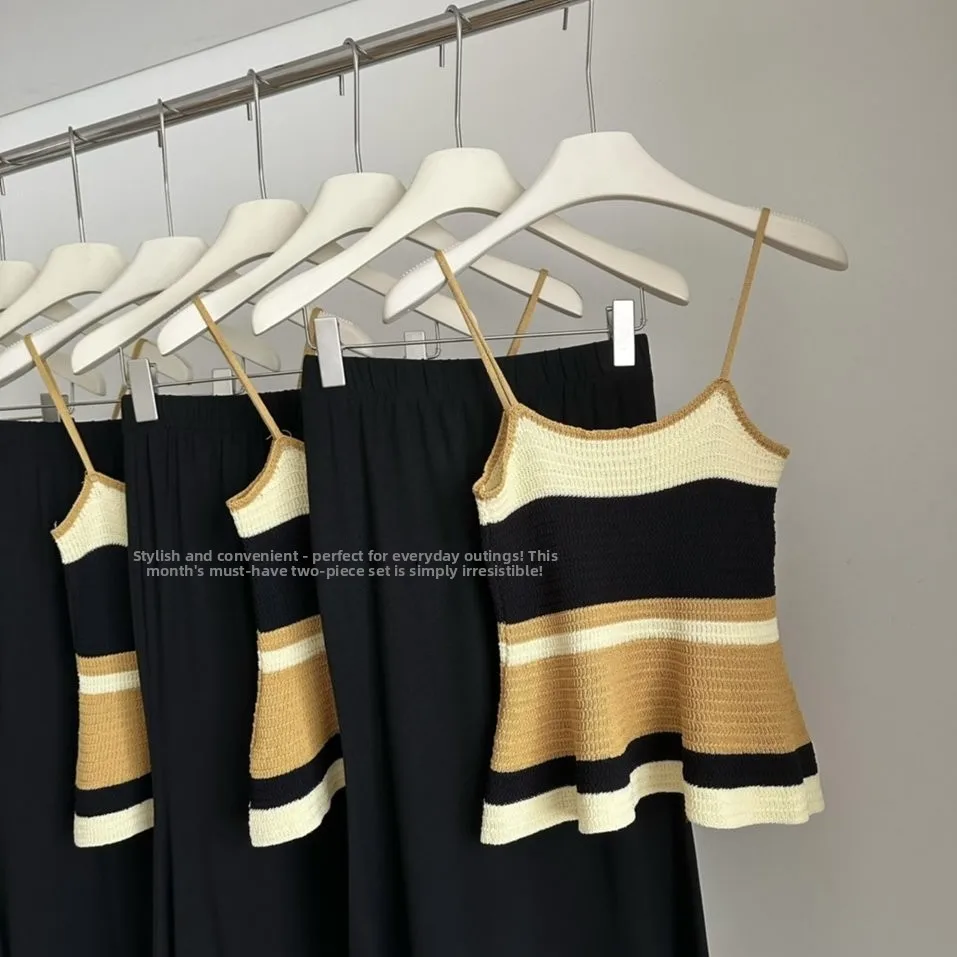 

Женский вязаный жилет в полоску и юбка с высокой талией, лето 2025 Faion, корейский комплект из двух предметов для молодых женщин