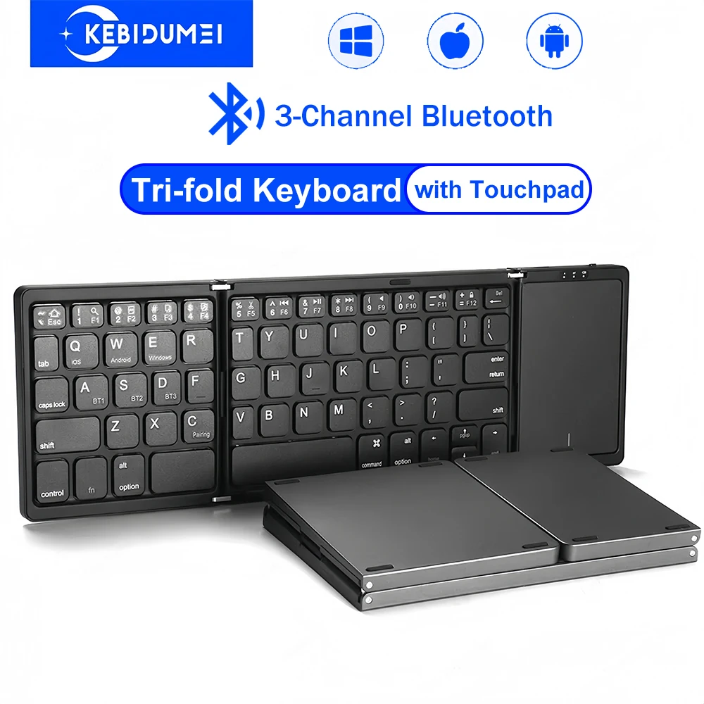 KEBIDUMEI Portable Tri-fold Bluetooth Keyboard with Touchpad 3-Channel Wireless Rechargeable Keyboard for iOS Android Windows