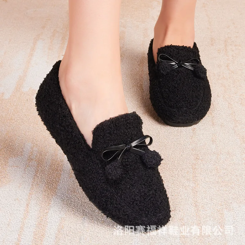 Slip-On Loafers Shoes for Women In Winter Plush Thickened Warm Shoes for Middle-Aged Elderly Mothers Lightweight Falt Footwear