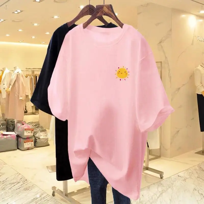 Women's Fashion Cartoon Cute Sun T-shirt 2024 New O-neck Short Sleeve 100 Cotton Loose Simple Pullover Lady Basics Top Tee M-6xl