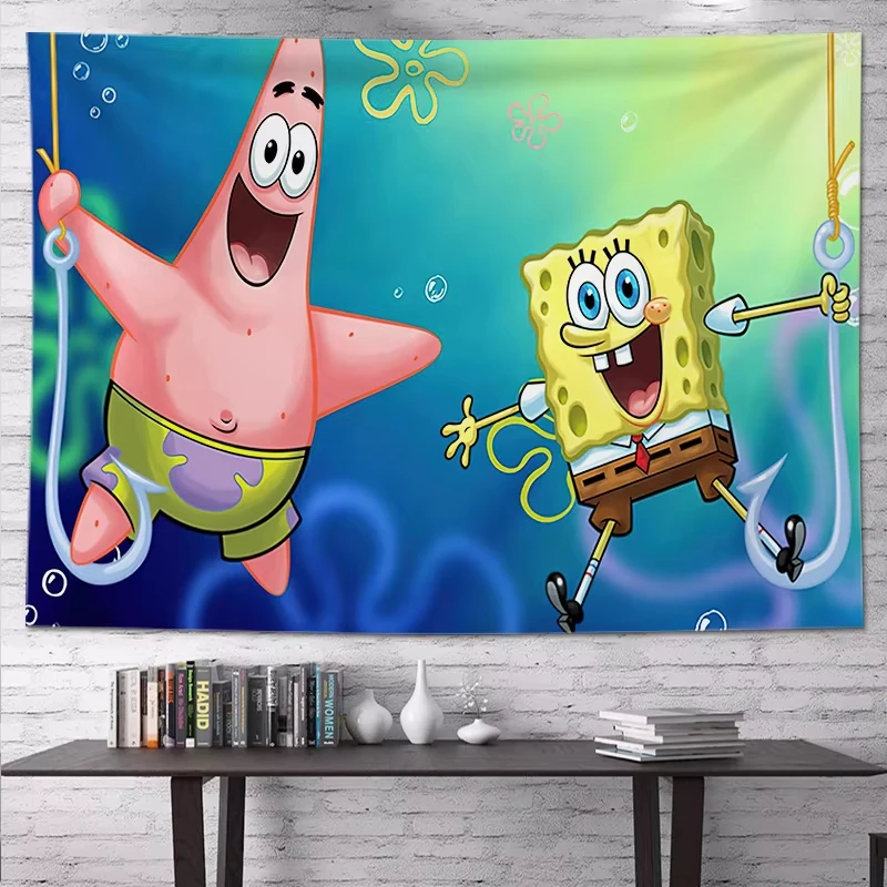 سبونجبوب سكوير وباتريك ستار الكرتون نسيج الجمالية غرفة ديكور المنزل الهبي الجدار الشنق خلفية نسيج هدية