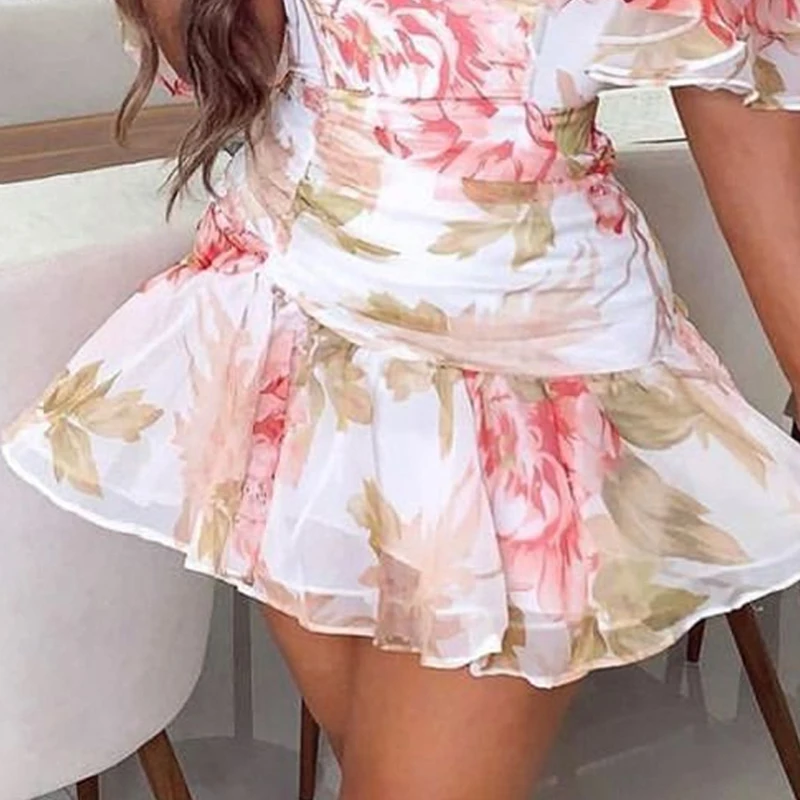 Feminino elegante flor impressão magro bohe mini vestido moda drapeado chiffon a linha vestido 2024 verão sexy sem costas drapeado vestido curto