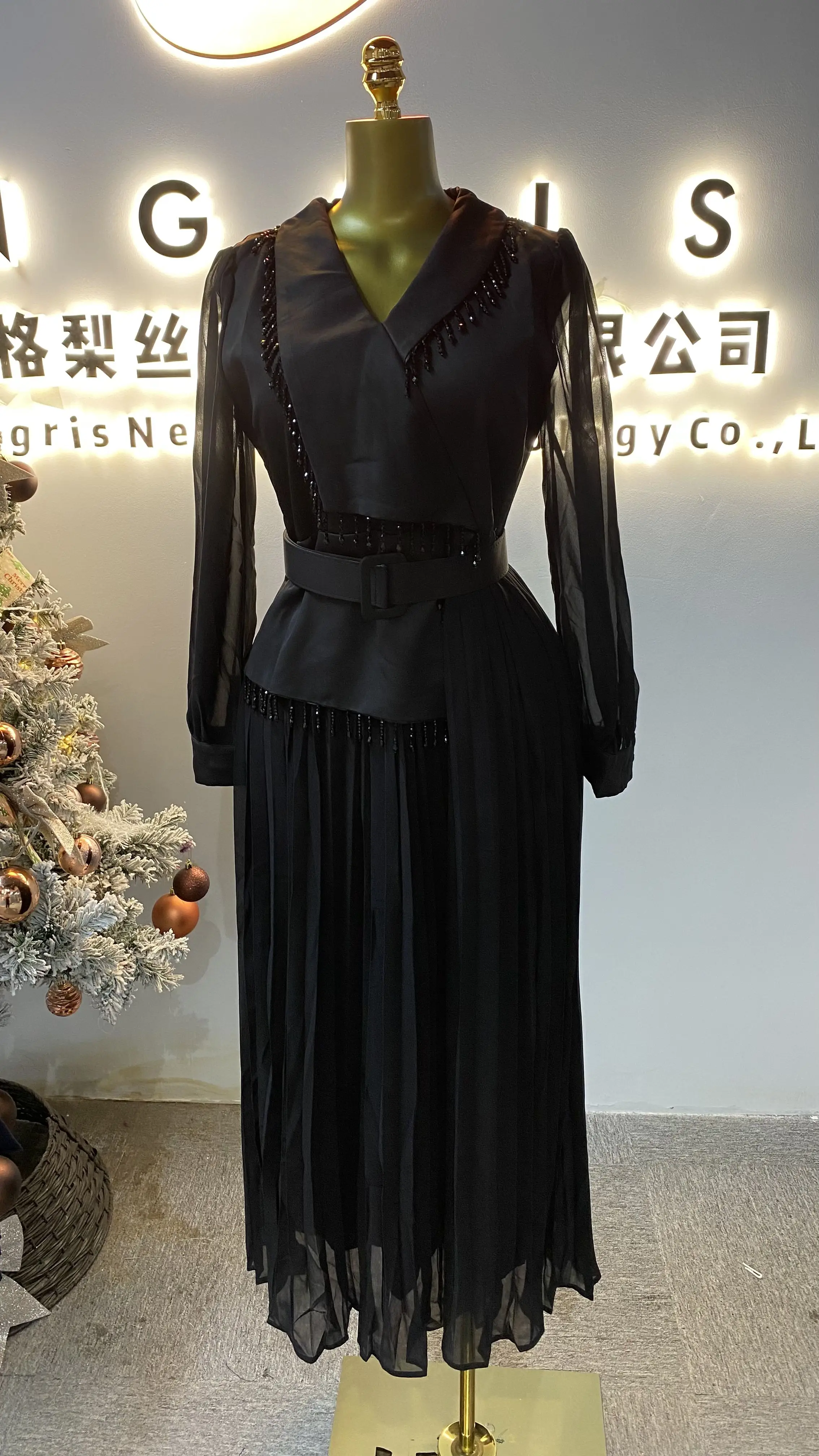 

2025 Fashionable Casual Dress for Women, Elegant Pleated Dress with Belt, Office Dress-GZXX150