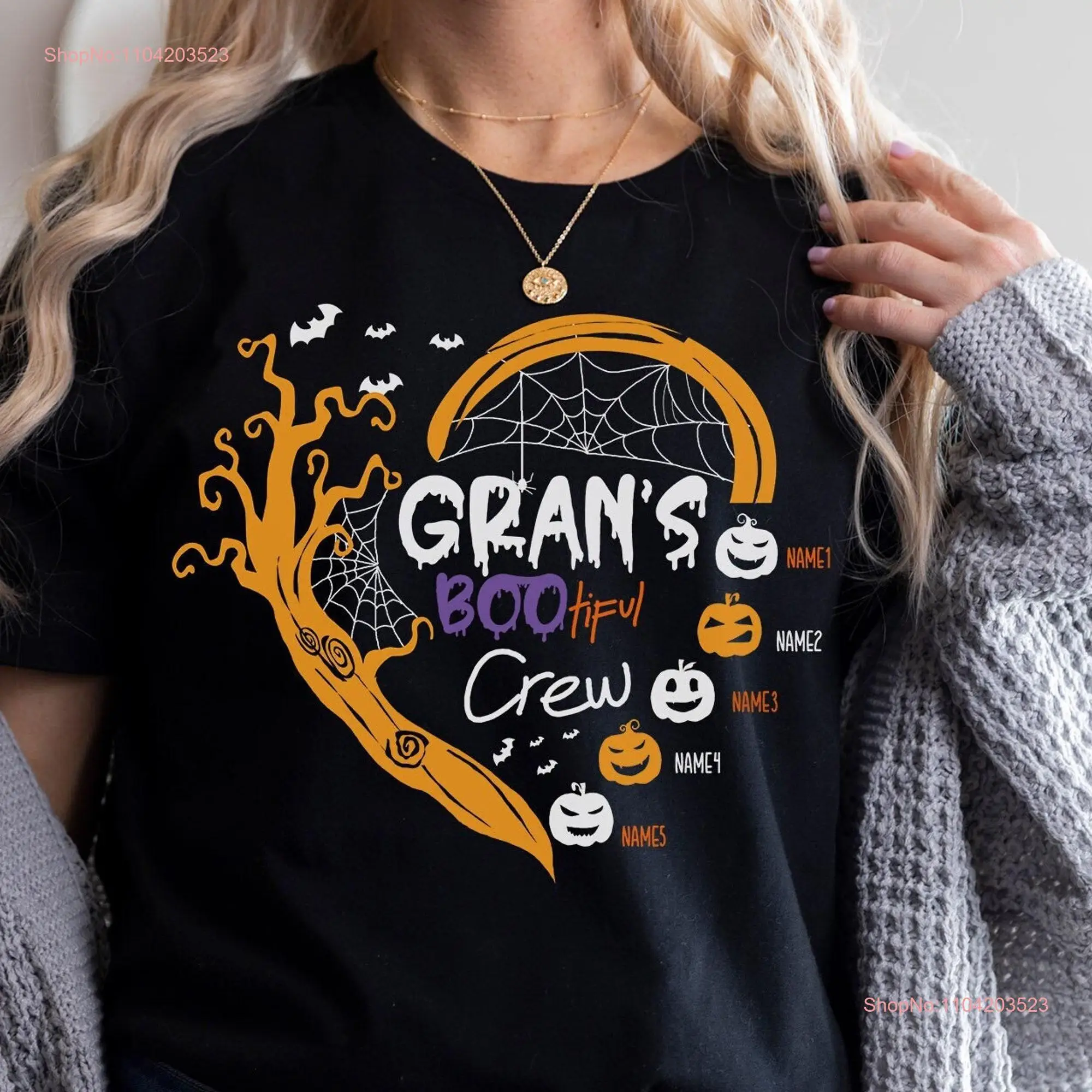 Gran Bootiful Crew Grandma Halloween T Shirt Personalized With Grandkids Names Spooky long or short sleeves