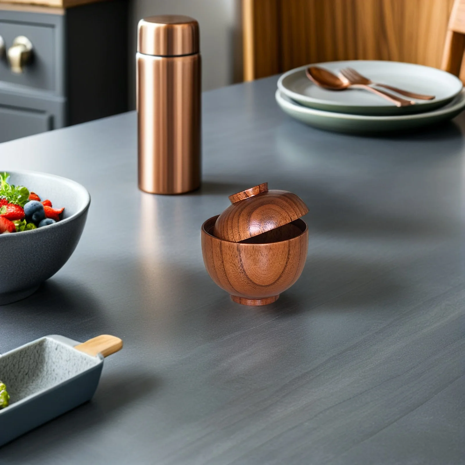 

Small Wooden Bowl with Lid Food Serving Bowl for Rice Salad Soup Snack Dessert Home Restaurant Use Anti-Scald Smooth Edge Design