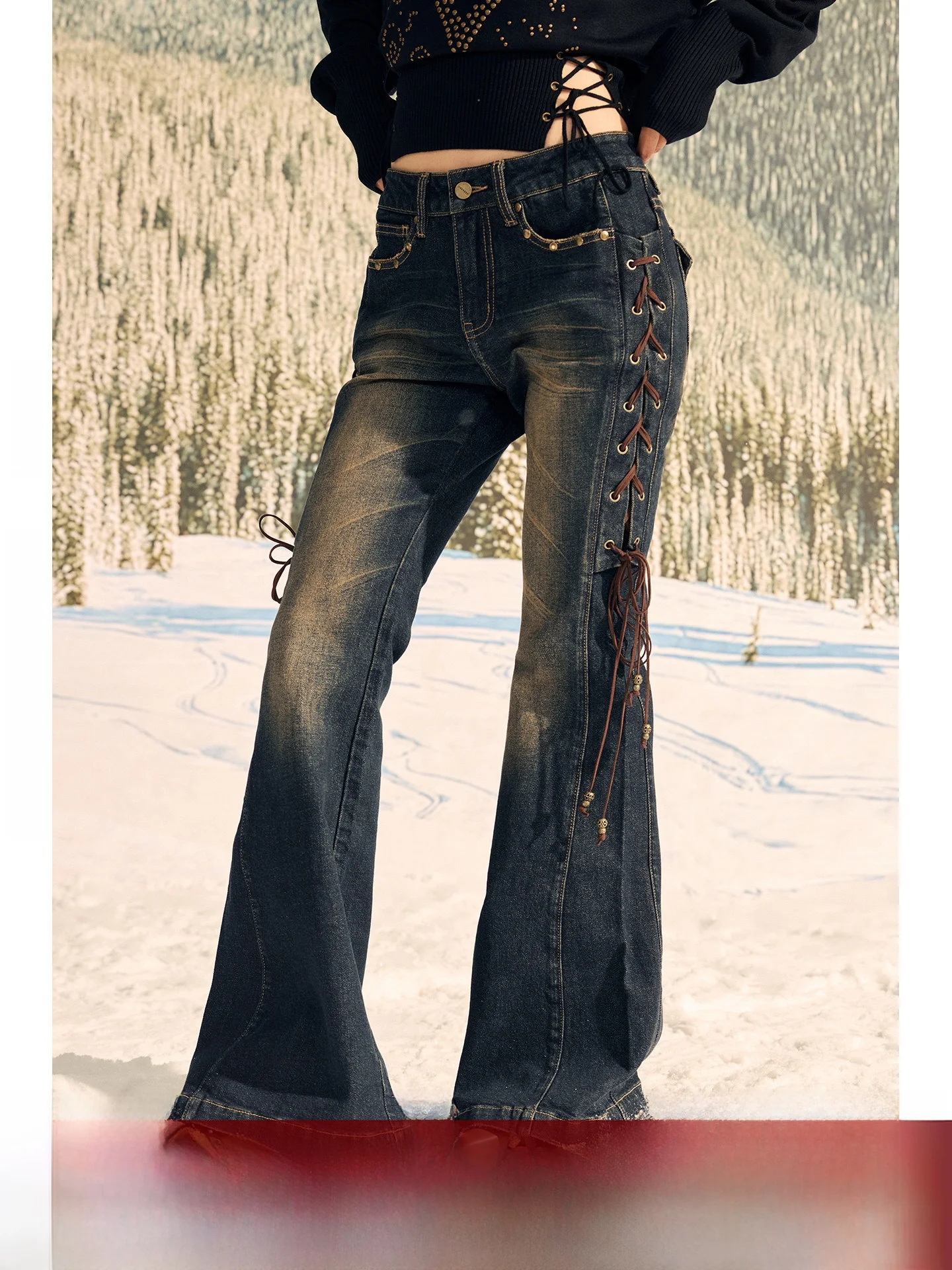 

Женские джинсы-клеш с низкой талией, американского стиля, с боковой завязкой, удлиняющие силуэт, BeerBro Rebel Cetitive Club