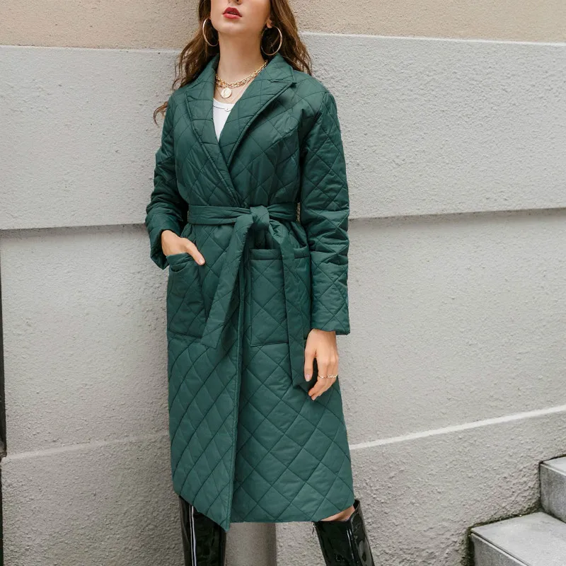 Women\'s cotton coat long knee winter coat with green checkered cotton jacket new winter coat fashion coat outdoor warm windproof