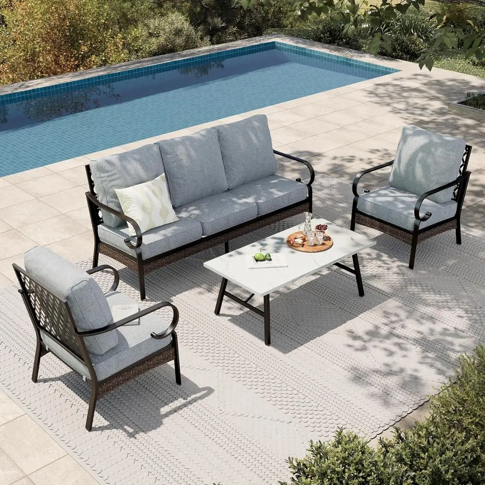 

4 Piece Metal Patio urniture Set, All Weather Outdoor Contion Set with 3 Seat Soa, 2 x Cushioned ixed Chair & Coee Table, Seats