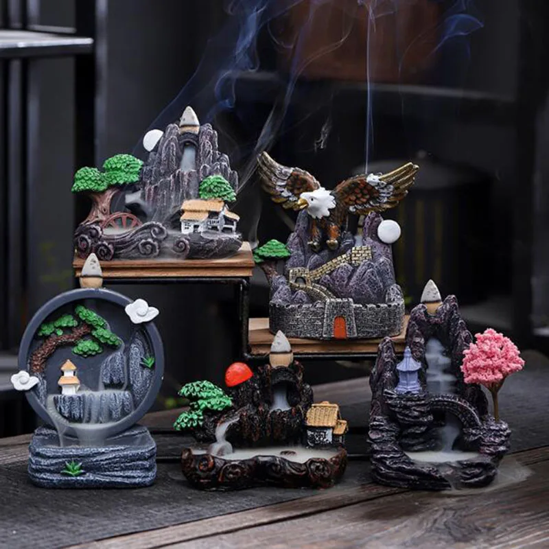 Backflow Tower Incense Holder Resin Rockery Scenery Incense Burner Office Desktop Ornaments Fragrance Censer Home Decor